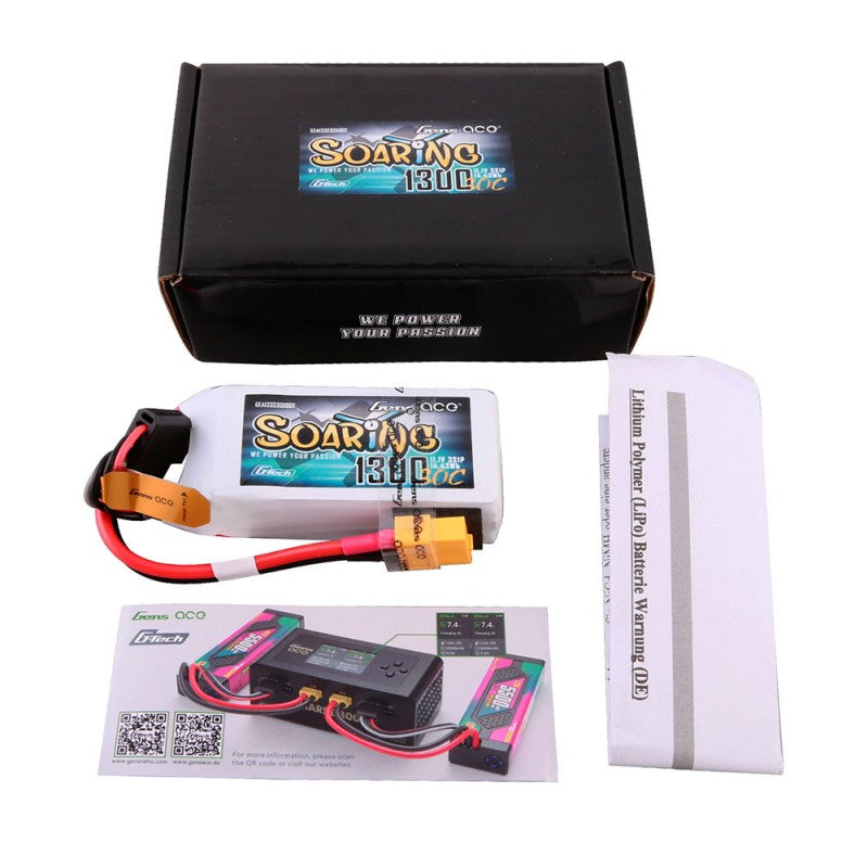 Gens ace G-Tech Soaring 1300mAh 11.1V 30C 3S1P Lipo Battery Pack with XT60 Plug