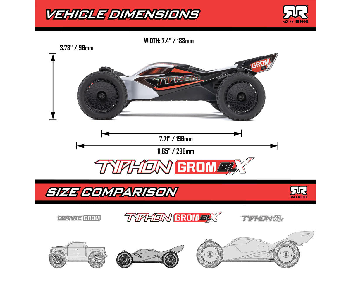 Arrma Typhon Grom 223S BLX 1/18 Brushless RTR 4WD Buggy (Black/Silver) w/SLT2 2.4GHz Radio & DSC