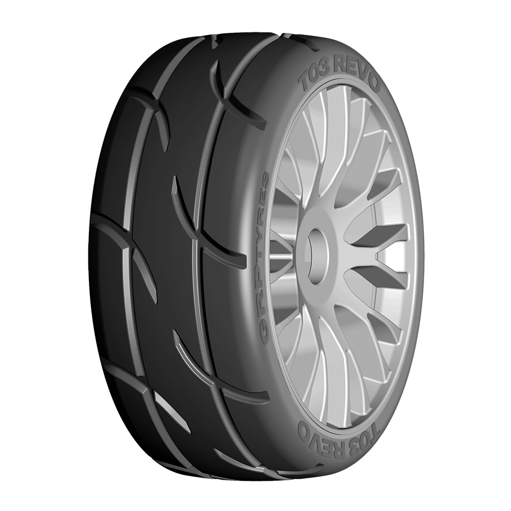 GRP Tires GT - TO3 Revo Belted Pre-Mounted 1/8 Buggy Tires (Silver) (2)  w/FLEX Wheel