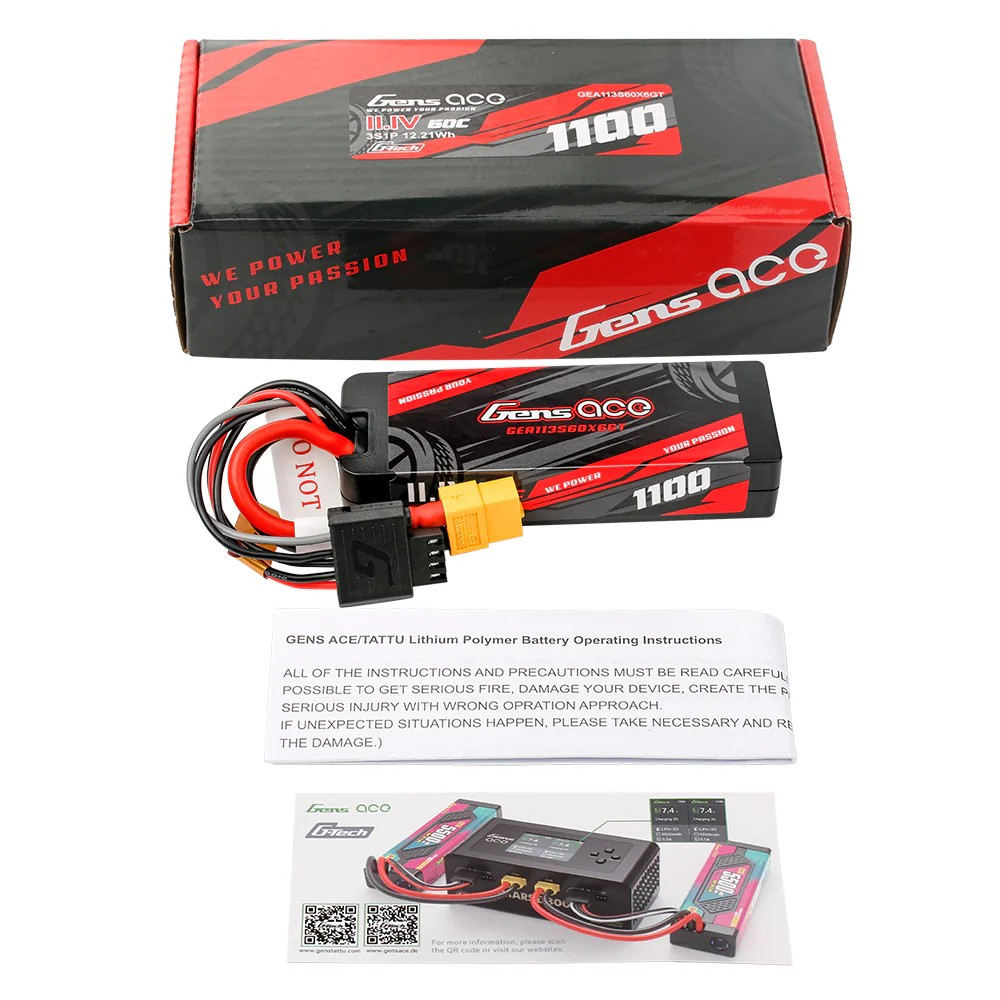 Gens ace G-Tech 1100mAh 11.1V 3S1P 60C GRP-76 Hardcase Lipo Battery Pack with XT60 Plug